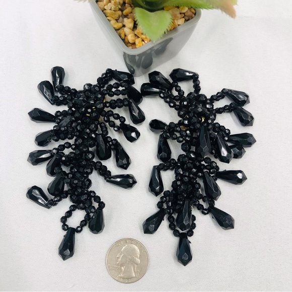 Black Beaded Clip On Dangle Earrings - Picture 8 of 16